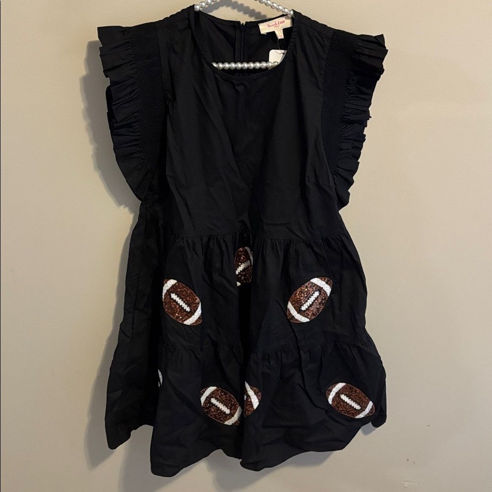 Peach Love California Black Dress with sequin footballs size large nwt